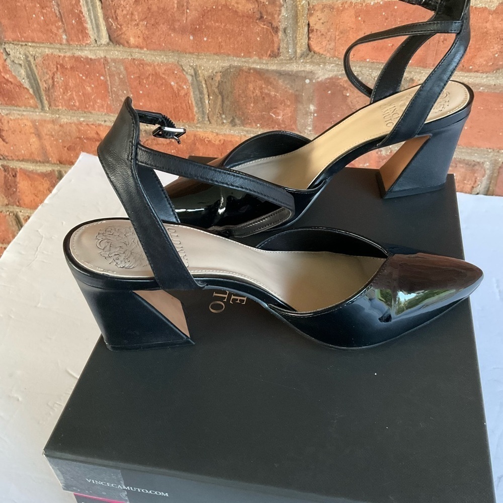 Vince Camuto Black Slingback Heels with Ankle Closure Patent Faux Leather - Picture 3 of 12